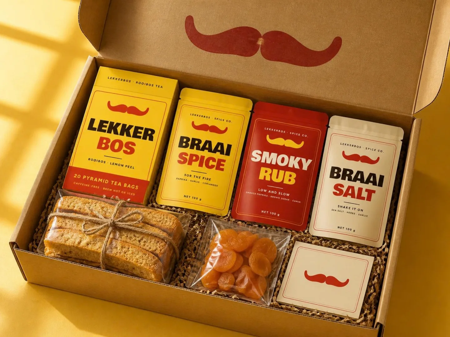 Open Lekker Bos Box with the yellow Lekker Bos tea box, Braai Spice, Smoky Rub and Braai Salt pouches, buttermilk rusks, dried apricots and a recipe card