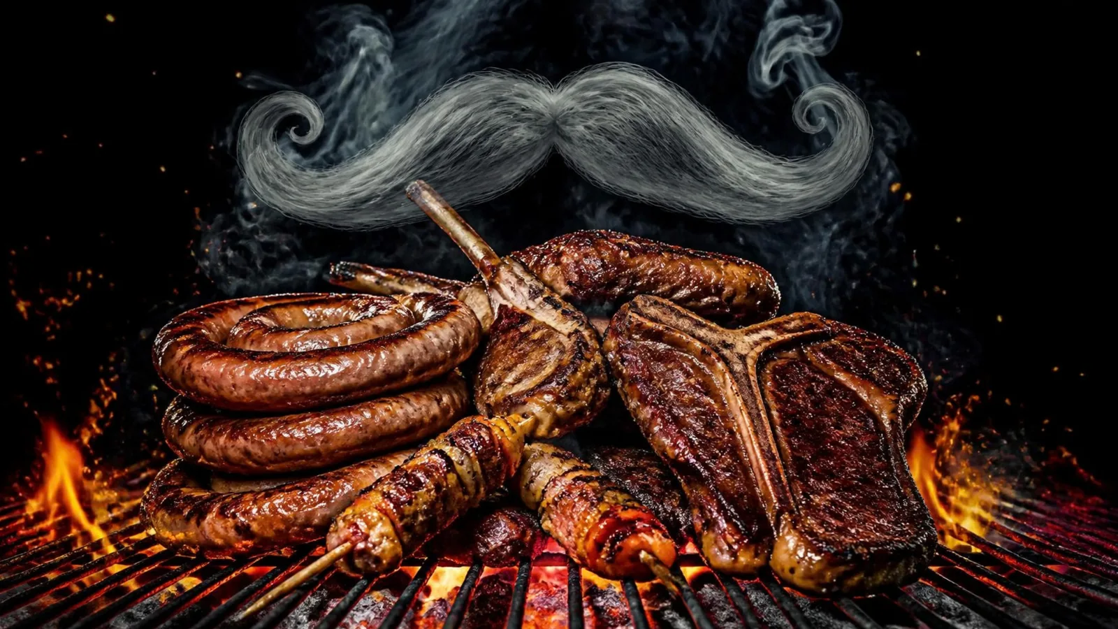 A pile of boerewors, sosaties, lamb chops and a T-bone dripping over flaming coals, with the smoke curling into a moustache