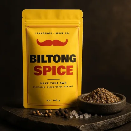 Lemon-yellow Biltong Spice pouch with a dish of coriander, pepper and salt blend