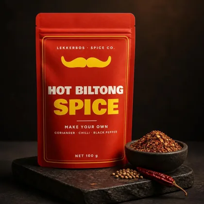 Red Hot Biltong Spice pouch with chilli flakes and a dried chilli