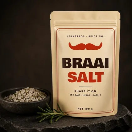 Cream Braai Salt pouch with a dish of salt and herbs and a sprig of rosemary