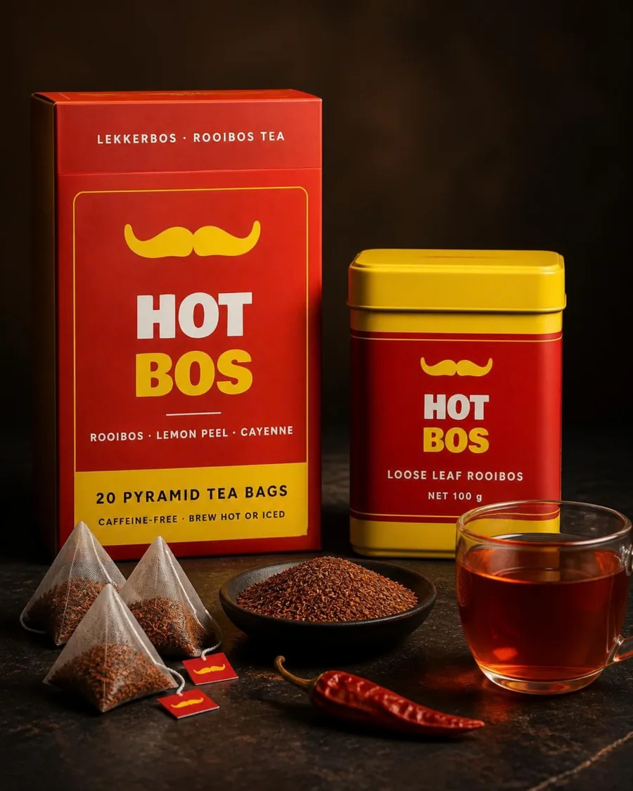 Red Hot Bos rooibos tea box and yellow loose-leaf tin with pyramid tea bags, loose rooibos, a dried chilli and a glass of tea