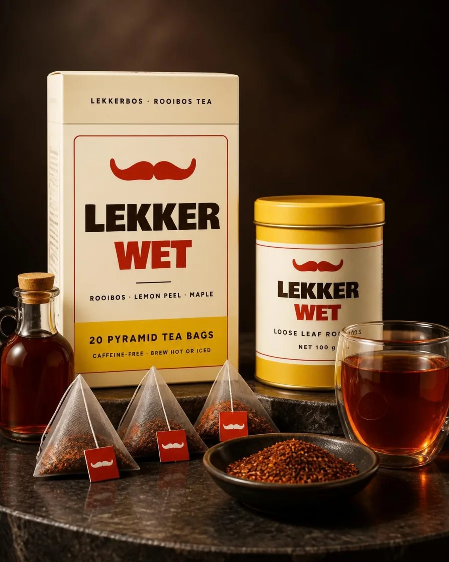 Cream and yellow Lekker Wet rooibos tea box and yellow loose-leaf tin with pyramid tea bags, maple syrup and a glass of tea
