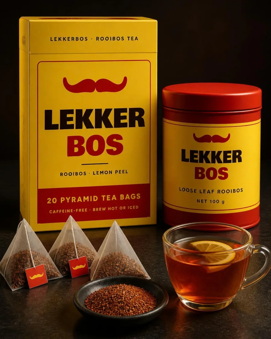 Lemon-yellow Lekker Bos rooibos tea box and red loose-leaf tin with pyramid tea bags, loose rooibos and a glass of tea with lemon