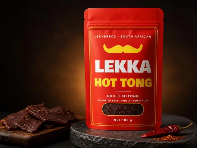 Red Lekka Hot Tong chilli biltong pouch beside sliced biltong and a dried red chilli