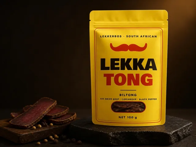 Lemon-yellow Lekka Tong biltong pouch beside slices of biltong, coriander seeds and peppercorns
